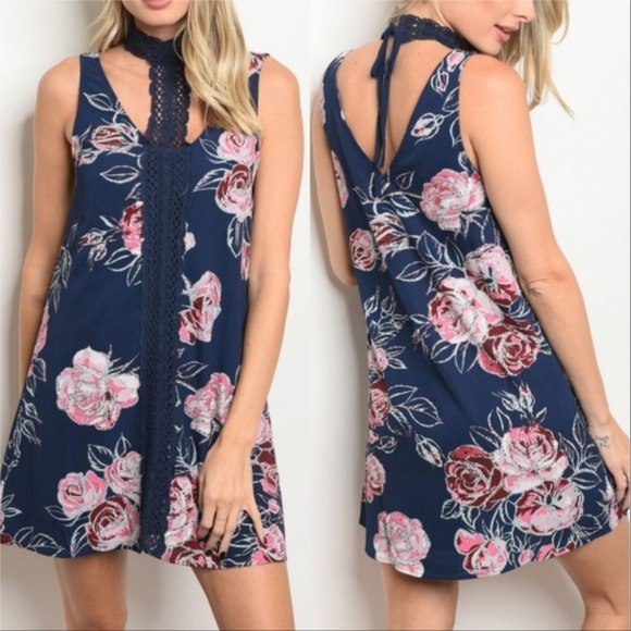 WOMEN'S Choker Floral Mini Blue Dress Ladies Dress - Picture 1 of 3